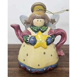 Vtg Porcelain Angel Holding Star Teapot Shape X-Mas Ornament Shelf Sitter 3.5"